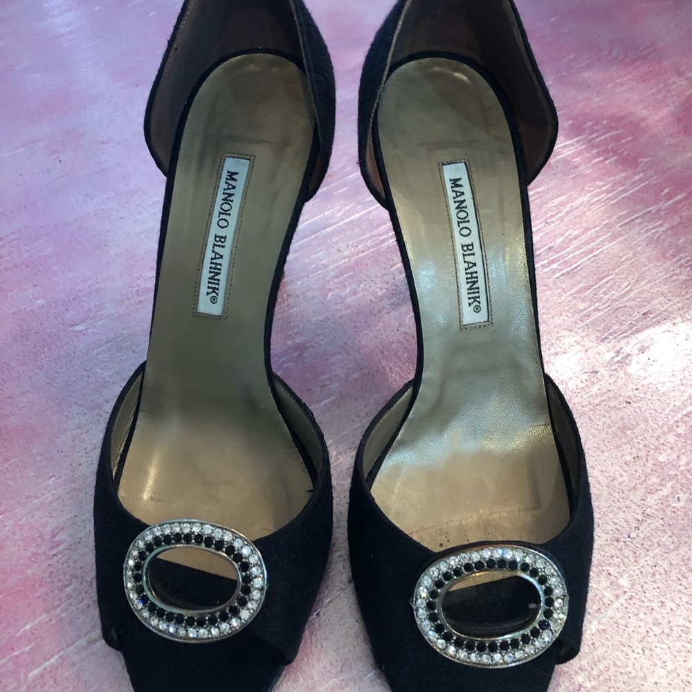 Manolo Blahnik black heels rhinestone buckle 39.5
